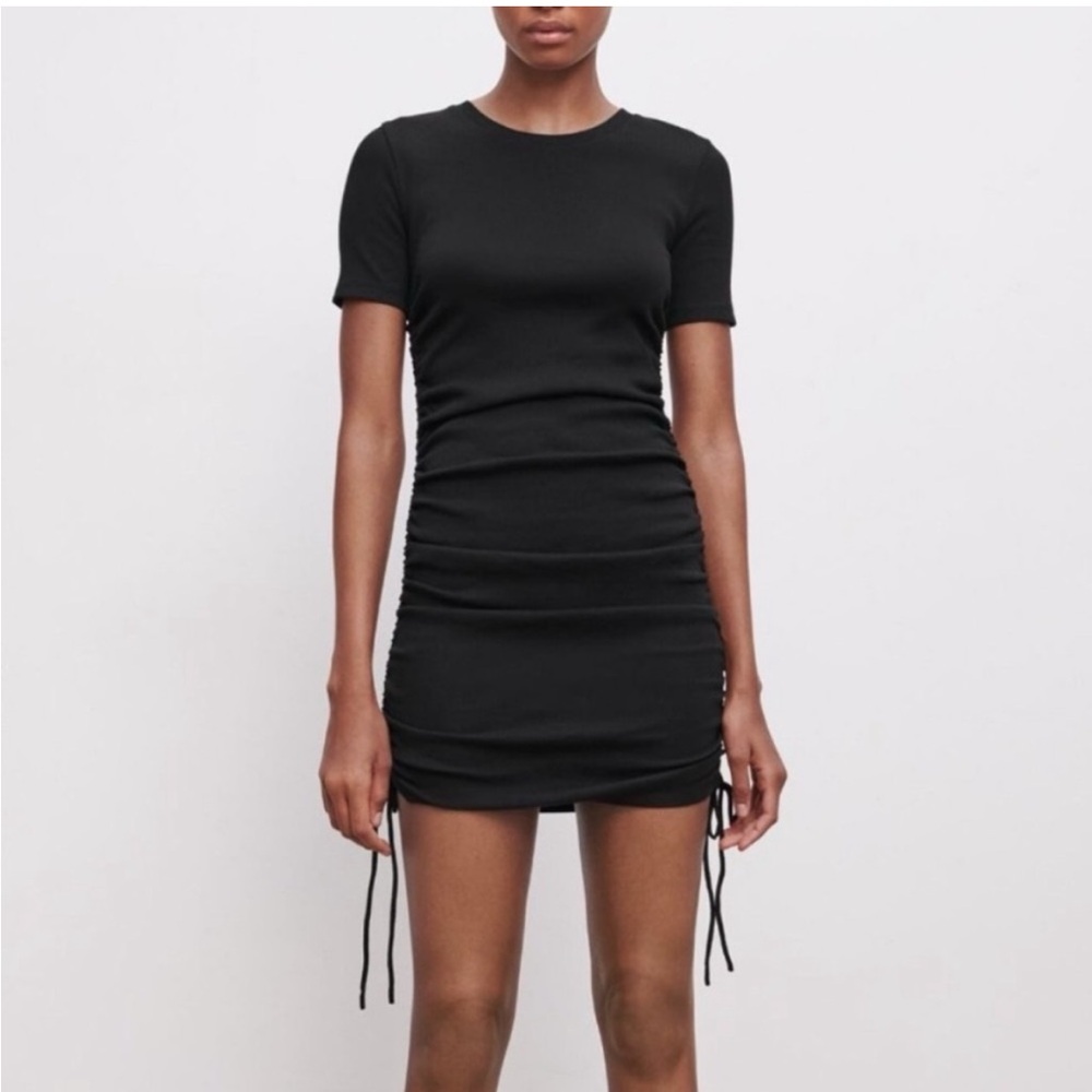 Zara Ruched Short Sleeve Dress Size S in Grey